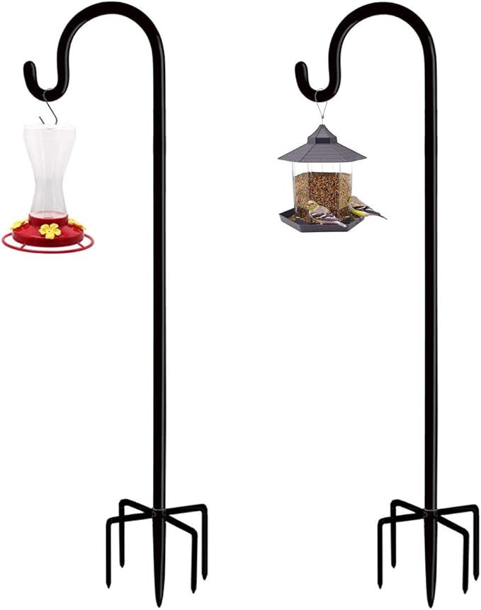Artibear Adjustable Outdoor Shepherd Hook Stand with 5 Prong Base, 76 Inches Tall 3/5 in Thick, Shiny Black (2 Packs)