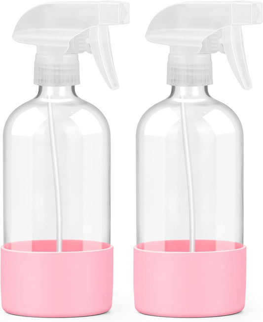 2 Pack Glass Spray Bottles with Silicone Sleeve, 16 oz Empty Refillable Containers with Adjustable Spray Nozzles, Spray Bottles for Hair, Cleaning Solutions and Plants Pink