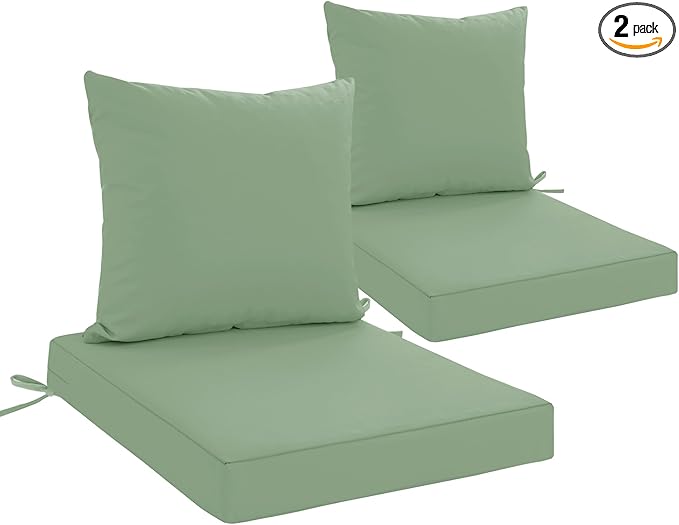24x24 Inch Outdoor Cushions for Patio Furniture Set of 2, Waterproof Outdoor Chair Cushions w/Fade-Resistant, Removable & Machine-Washable Covers, Deep Seat Sofa/Couch Pads Replacement, Sage Green