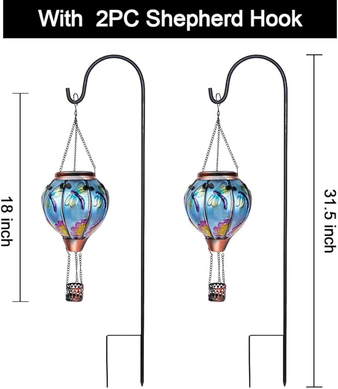 2PC Hot Air Balloon Solar Lantern with 2PC Shepherd Hook, Flickering Flame Hanging Solar Lanterns Outdoor Lights Waterproof Lanterns Decorative Garden Patio Yard Party Decor (Dragonfly)