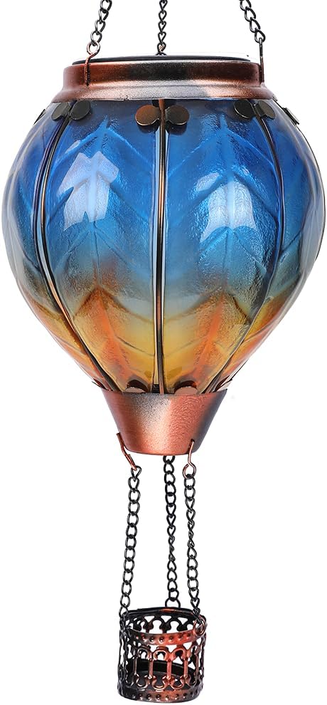 Hot Air Balloon Solar Lantern with Flickering Flame Hanging Solar Lanterns Outdoor Lights Waterproof Lanterns Decorative Garden Patio Yard Party Decor Blue