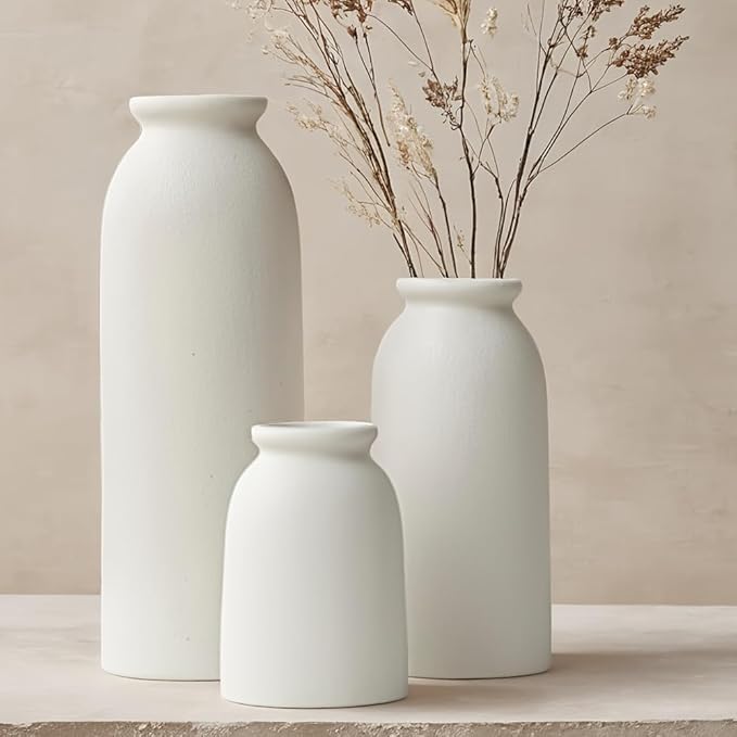 Ceramic Vase Set-3, Small Flower Vases for Decor, Modern Boho Farmhouse Style, Decorative Shelf Vases for Pampas Grass & Dried Flowers, Distressed Finish (White)