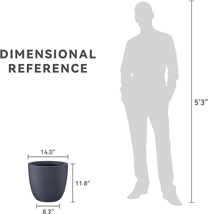 Kante 14 Inch Dia Round Concrete Planter, Indoor Outdoor Large Plant Pot with Drainage Hole and Rubber Plug for Home Patio Garden, Charcoal