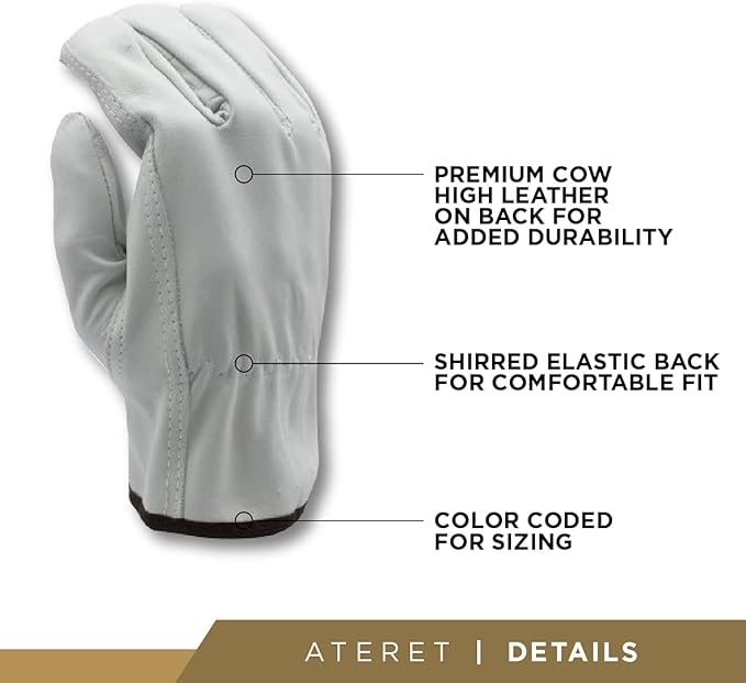 ATERET 120 Pairs Medium Heavy Duty Durable Cowhide Leather Work Gloves I Driver Gloves for Truck Driving, Warehouse, Gardening, Farming