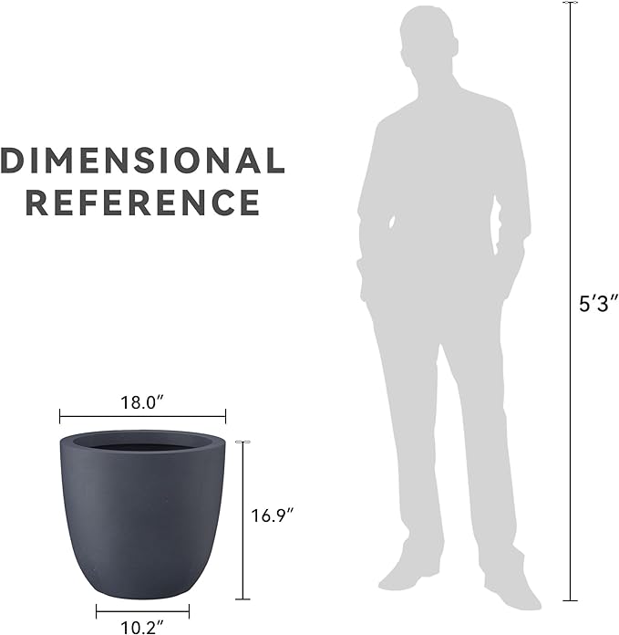 Kante 18 Inch Dia Round Concrete Planter, Indoor Outdoor Large Plant Pot with Drainage Hole and Rubber Plug for Home Patio Garden, Dark Gray