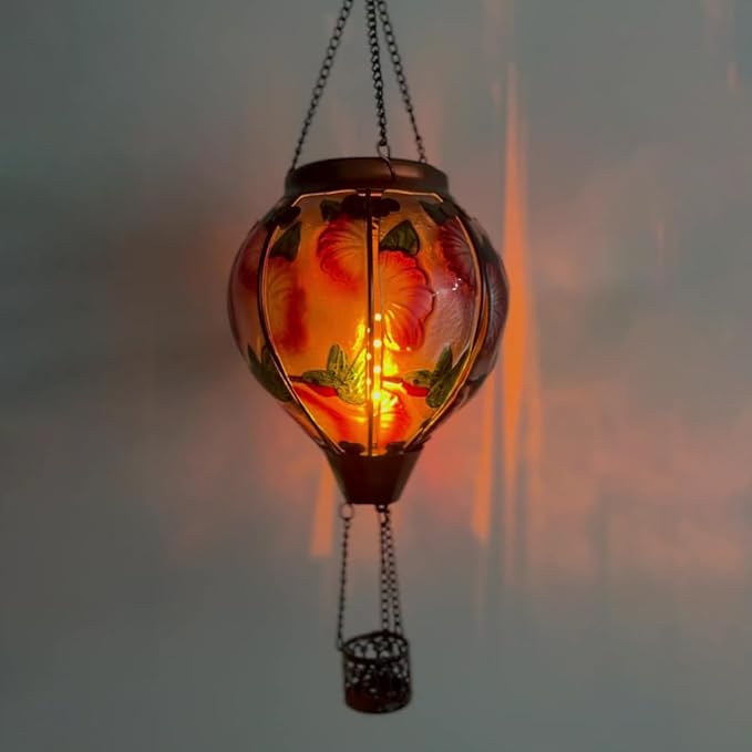 2PC Hot Air Balloon Solar Lantern with 2PC Shepherd Hook, Flickering Flame Hanging Solar Lanterns Outdoor Lights Waterproof Lanterns for Garden Patio Yard Party Decor (Hummingbirds & Flowers)