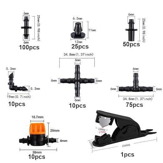 281 Pcs Irrigation Fittings Kit,1/4" Tubing Drip Irrigation Fittings,Irrigation Fittings Kit for Flowerpot Lawn(Straight Barbs,Single Barbs,Valves,Tubing Cutter,Tees,Elbows,End Plugs,4-Way Coupler).