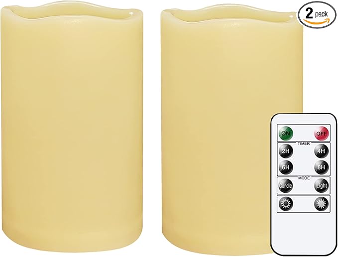 2 Pack 5'' Outdoor Battery Operated Candles with Timer Flameless LED Flickering Candles Waterproof Electric Pillar Decorative Candle for Wedding Party Home Lantern Garden