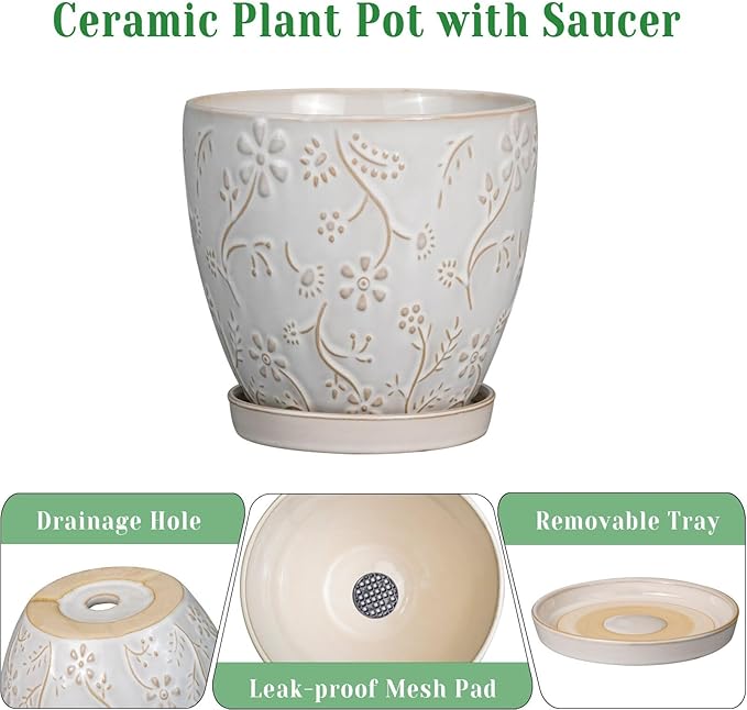 8 Inch Ceramic Pots for Plants Large Planter Pot with Drainage Hole and Saucer Round Flower Pot for Indoor Outdoor Decor, White