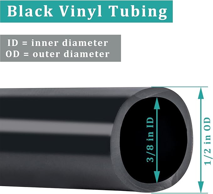 Black Vinyl Tubing 3/8” ID × 1/2” OD - 50 Feet PVC Flexible Plastic Tube Hybrid Hose, Transfer Water Air Oil for Pond Fountain Garden, Non-toxic and BPA free