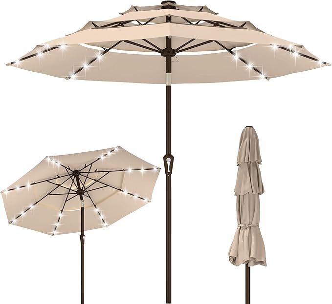Kingdura 10ft 3-Tier Patio Umbrella with Solar Lights, Table Umbrella Outdoor Patio with Easy Crank & Tilt, 8 Sturdy Ribs, UV Protection, 32 LED Lights for Deck, Poolside, Market (Beige)