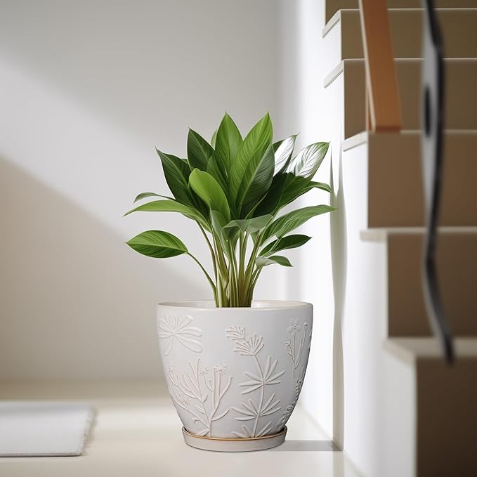 10 Inch Plant Pot Ceramic Planter Pot with Drainage Hole and Saucer Round Planter Large Flower Pot for Indoor Outdoor Plants Home Garden Decor White