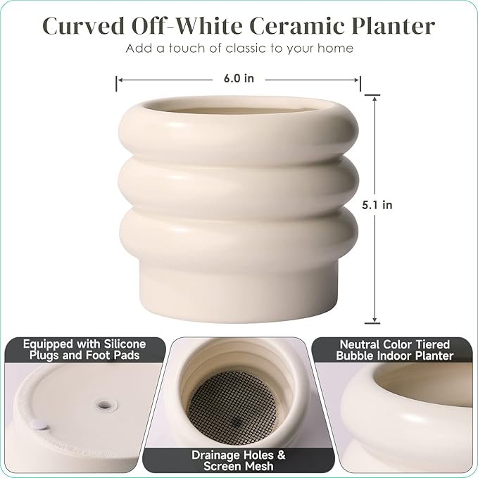 Tiered Bubble Ceramic Plant Pot, Creamy White 6 Inch Ceramic Planter with Drainage Holes, Ceramic Flower Pot with Mesh Pad, Rubber Plugs, Ceramic Pots for Indoor Plants Outdoor, Modern Décor