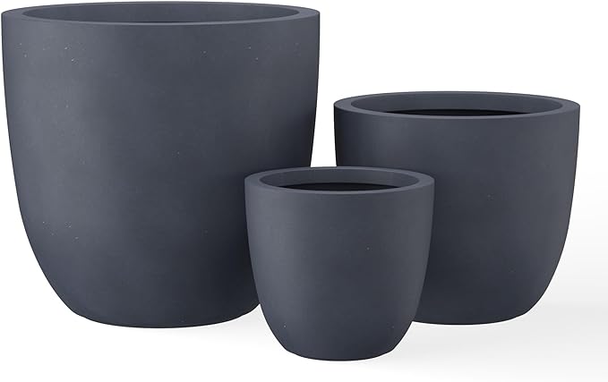Kante 18",14",10" Dia Concrete Round Planters (Set of 3), Outdoor Indoor Large Planter Pots with Drainage Hole and Rubber Plug for Home Patio Garden, Charcoal
