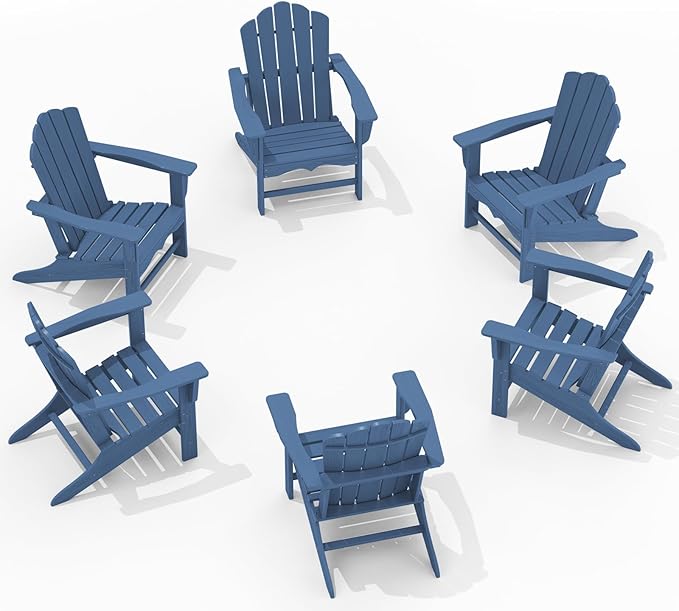 KINGYES HDPE Adirondack Chair, Classic All-Weather Adirondack Chairs Set of 6, Outdoor Patio Adirondack Chair for Deck Lawn fire Pit, Navy