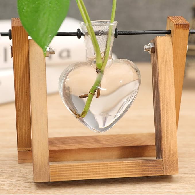 Kingbuy Terrarium with Wooden Stand, Desktop Propagation Station, Air Plant Holder, Metal Swivel Holder for Hydroponics, Home Garden, Wedding Decor - 1 Hearted Vase