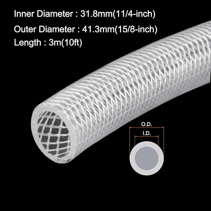 1 1/4" x 1 5/8" Braided Clear Plastic PVC Tubing 10ft High Pressure Flexible Reinforced Vinyl Tube, [for Garden Irrigation, Water Hose, Fish Tank, Water Transfer] - 31.8x41.3mm