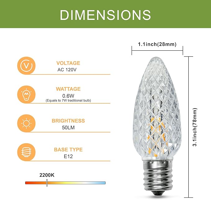 25Pack C9 Christmas LED Light Bulbs, Strawberry Replacement Bulb 2200K Warm White Shatterproof & Waterproof Outdoor String Light Bulbs, E17 Candelabra Base Edison Bulbs for Holiday Decoration