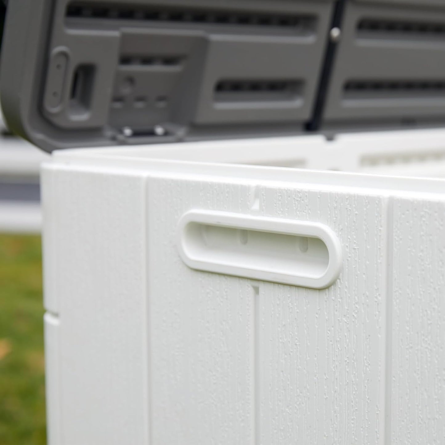 100 GAL Resin Deck Box - Lockable Waterproof Outdoor Storage Bench for Patio Cushions, Garden Tools & Pool Accessories - Wood-Look Texture, White