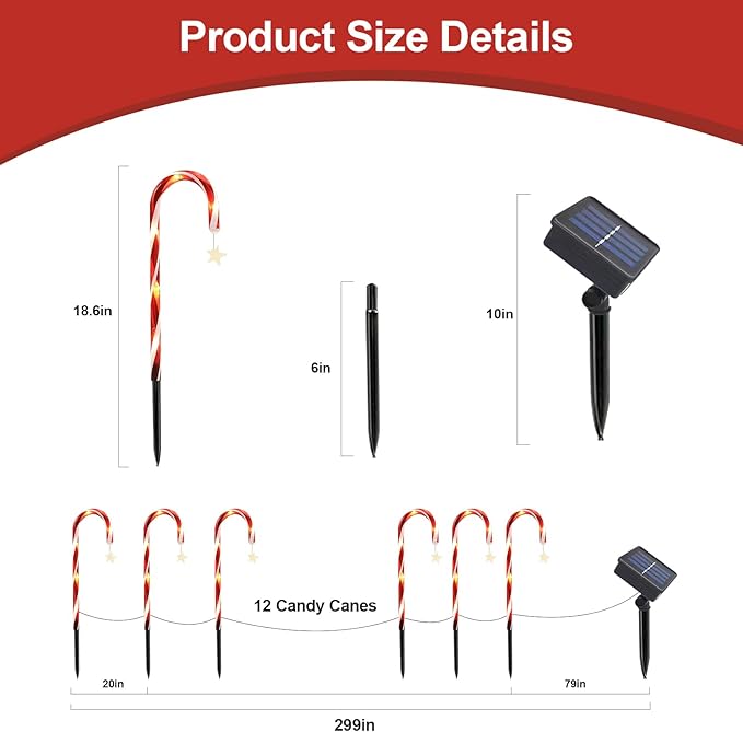 2 Set 24 Pack Upgraded Solar Christmas Candy Cane Lights, 18.6 Inch 144LED Outdoor Pathway Stake Lights with 8 Modes, Solar Candy Cane Lights for Decor Lighting Walkway Yard Garden Xmas Decorations