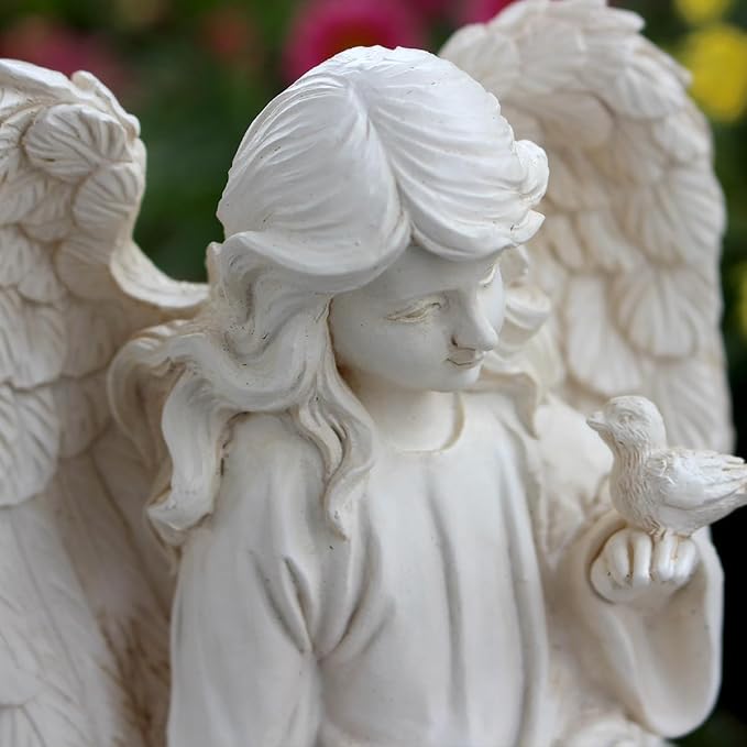 Angel Garden Statue, Sitting Angel Sculpture, Resin Angel with Bird Figurine for Patio Yard Porch Lawn Outdoor Decor Home Shelf Sitter Memorial Spiritual Gifts