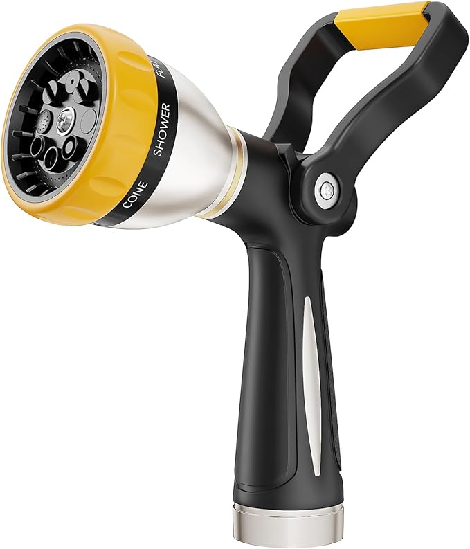 FANHAO Heavy Duty Fireman's Hose Nozzle, Metal Water Nozzle with 8 Spray Patterns, High Pressure Garden Hose Sprayer with Lever Control and Non-Slip Grip to Water Plants & Lawns, Wash Cars & Clean