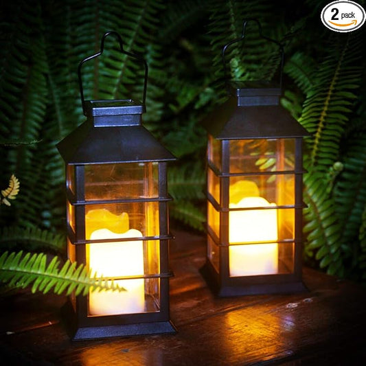 2 Pack Outdoor Garden Hanging Lanterns with Waterproof LED Flickering Flameless Candle Solar Powered Lights Yard Decor Outdoor Decorative for Pathway Courtyard Party Patio Christmas (Black)