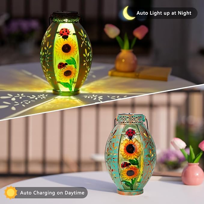 2 Pack Sunflower Solar Lantern,Retro Solar Lanterns Outdoor Waterproof,Stained Glass & Metal Hanging Solar Lantern,LED Tabletop Lamp Solar Lights,Sunflower Outdoor Solar Lanterns for Pathway