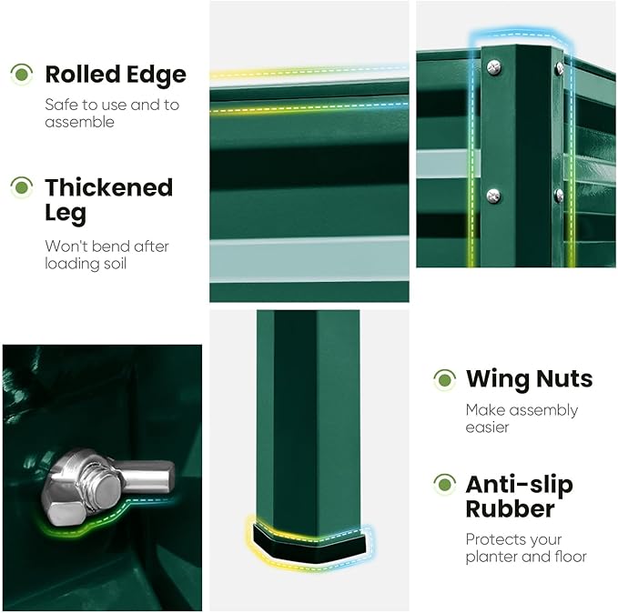 KING BIRD Raised Garden Bed with Legs Galvanized Elevated Planter Box for Backyard, Patio, Balcony, 33.9x17.7x31.5in, Green