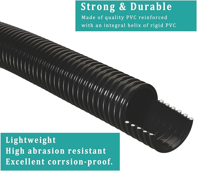 Pond Tubing ID 1/2” × 50ft Black Corrugated Flexible Reinforced Waterfall Pond Tube Sump Pump Hose, Non-toxic & Kinkproof (50 ft, 1/2" ID)
