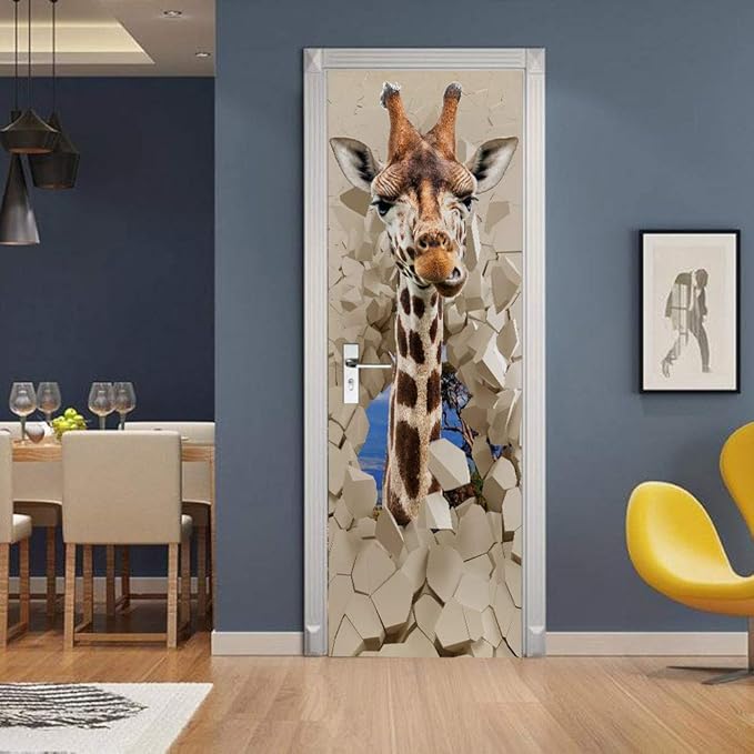 3D Peel and Stick Murals - Giraffe - Self-Adhesive Removable PVC Waterproof Door Poster for Bedroom & Living Room - 37.4 x 82.7 inch