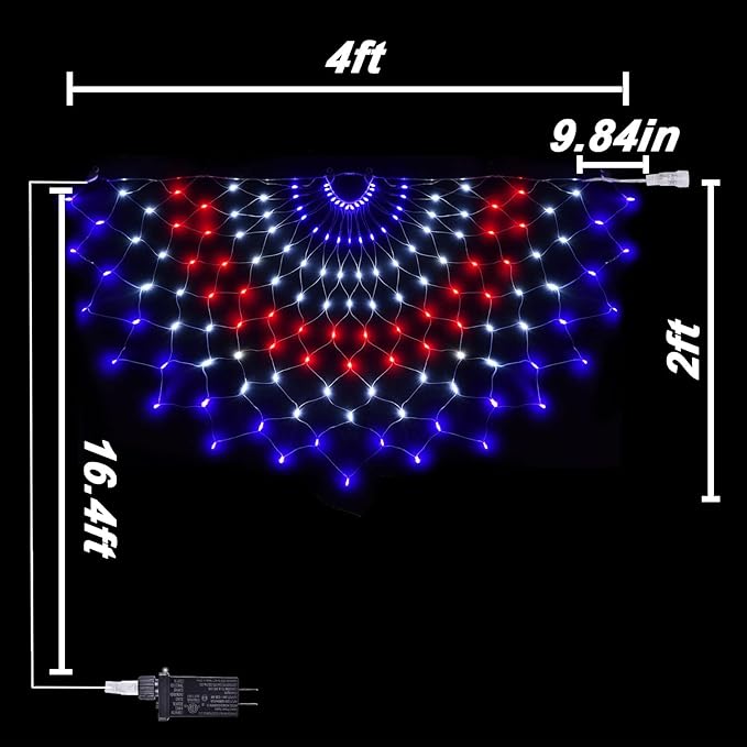 150 LED American Flag Lights Outdoor 3 Pack - 4x2 FT Half Fan Shape Patriotic Net Lights with 8 Modes, Waterproof for 4th of July Decorations, Christmas, Yard, Parties