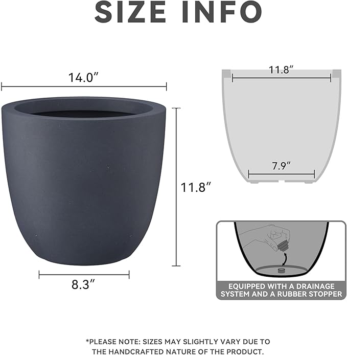 Kante 14 Inch Dia Round Concrete Planter, Indoor Outdoor Large Plant Pot with Drainage Hole and Rubber Plug for Home Patio Garden, Dark Gray