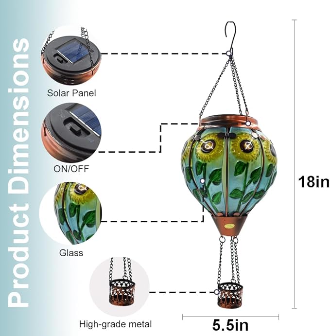 Hot Air Balloon Solar Lantern with Flickering Flame Hanging Solar Lanterns Outdoor Lights Waterproof Lanterns Decorative Garden Patio Yard Party Decor Sunflower