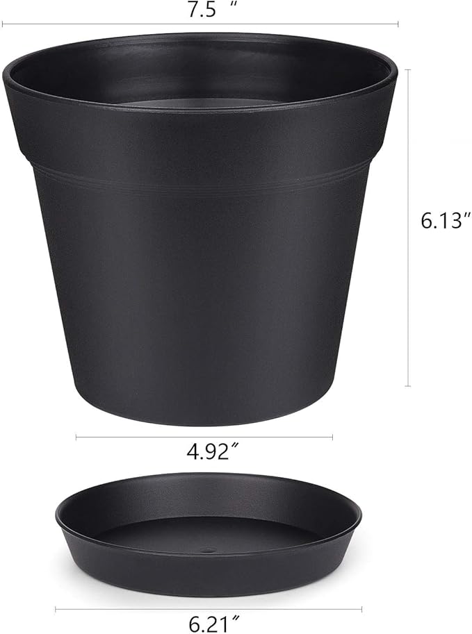 Homenote Pots for Plants, 8 Pcs 7.5 Inch Plastic Planters with Multiple Drainage Holes and Tray - Plant Pots for All Home Garden Flowers Succulents, Matte Black