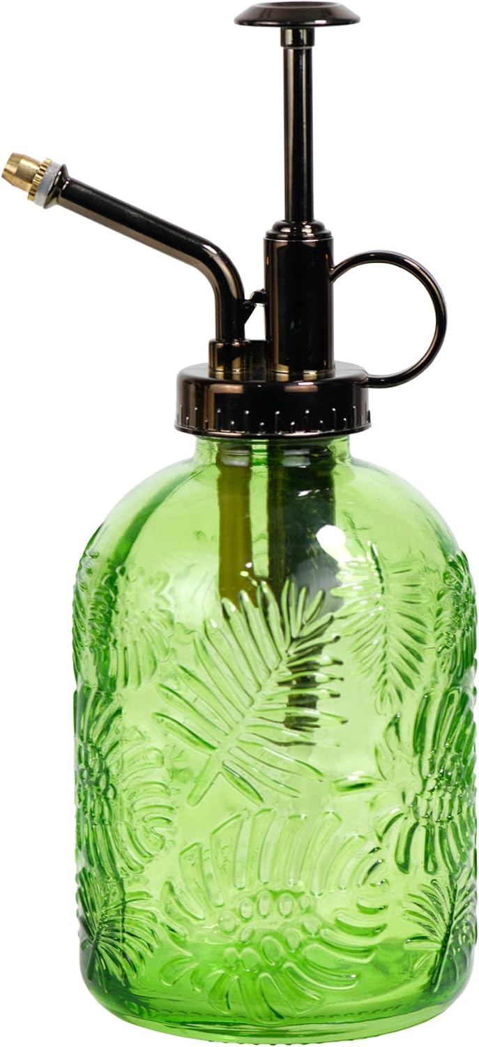 11.8 Ounce Glass Plant Spray Bottle, Glass Leaf Print One Handed Watering Can with Antique Brass Plastic One Handed Top Pump, 7.6 Inch Tall Indoor and Outdoor Plant Small Spray Bottle (Green)
