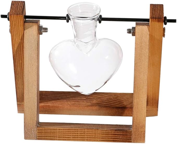 Kingbuy Terrarium with Wooden Stand, Desktop Propagation Station, Air Plant Holder, Metal Swivel Holder for Hydroponics, Home Garden, Wedding Decor - 1 Hearted Vase