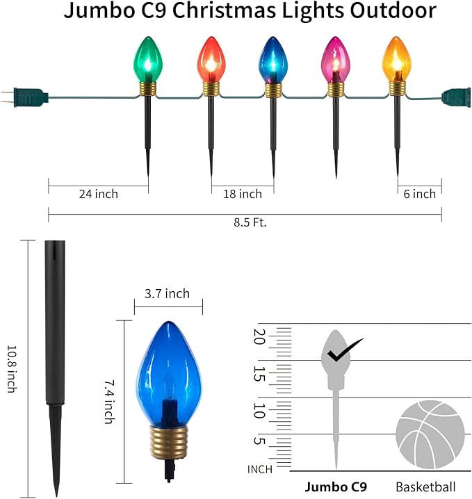 Minetom Jumbo Christmas Pathway Lights Outdoor with Marker Stakes, 10.5 Ft 5 LED C9 Shaped Christmas Lights Multicolored Giant Bulb String Lights, for Holiday Walkway Driveway Garden Yard Decoration