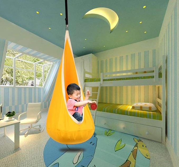 Kids Pod Swing Hanging Seat Child Hammock Chair Indoor and Outdoor Sensory Swings 100% Cotton Loading Capacity 170 lbs (Yellow)
