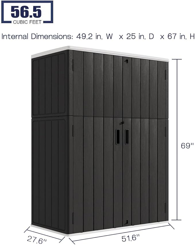 KINYING Outdoor Vertical Storage Shed,57 Cu.ft Outdoor Storage Cabinet Waterproof,Resin Sheds & Outdoor Storage Clearance for Garden,Patio,Backyard,Lockable (Black)