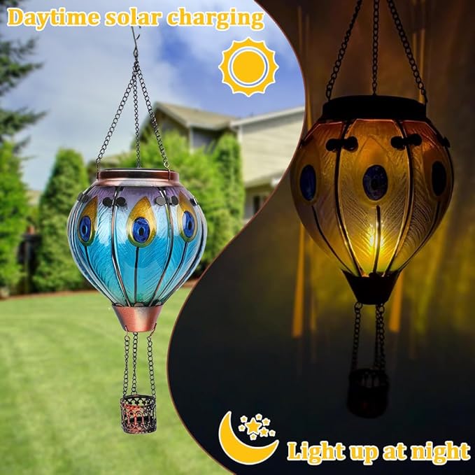 2PCS Solar Hot Air Balloon Lanterns with Flame with Shepherd's Hooks, Glass Hanging Flickering Lights Outdoor Waterproof for Garden Tree Yard Patio Mother's Day Gift, 18" H Peacock-Blue