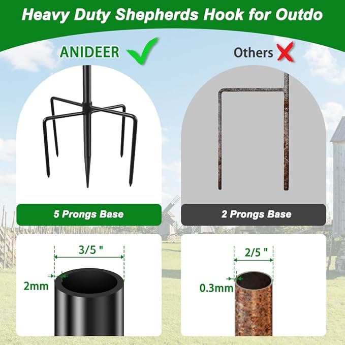 36 Inch Shepherds Hooks for Outdoor, Heavy Duty Bird Feeder Pole with 5 Prong Bases, Garden Hanging Stake for Bird Feeder, Solar Light, Plant Hanger, Wedding Decor, Metal Hanger Hooks, Black, 2 Packs