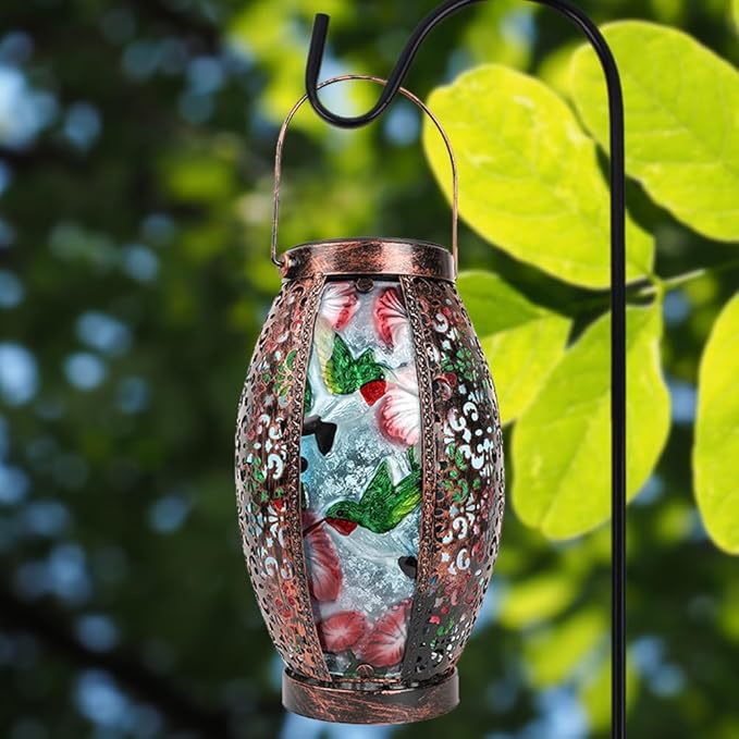 Hummingbird Solar Lanterns Glass & Metal Hanging Lantern Outdoor Waterproof 16" H Tabletop Light with Hollowed-Out Design for Garden Patio Table Decor Mother's Day Gift