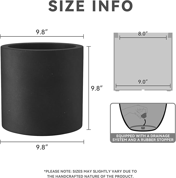 Kante 9.8" Dia Round Concrete Planter, Modern Style Large Cylindrical Plant Pot with Drainage Hole and Rubber Plug for Indoor Outdoor Patio, Black