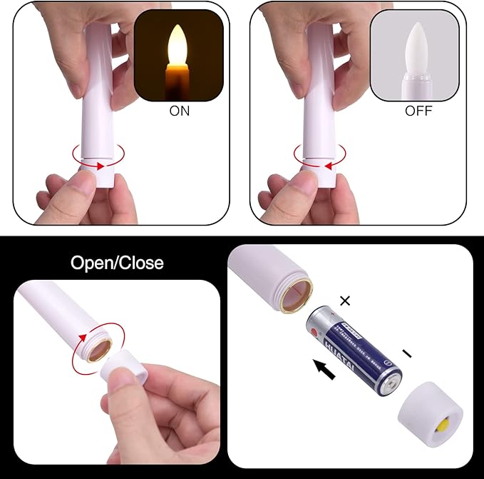 JOSU Taper Battery Operated Candles: 8PCS Flickering Flameless Candles with Timer - 3D Wick Fake Window Candle Outdoor +8 Gold Candlesticks, for Home Decor & Festival Celebration