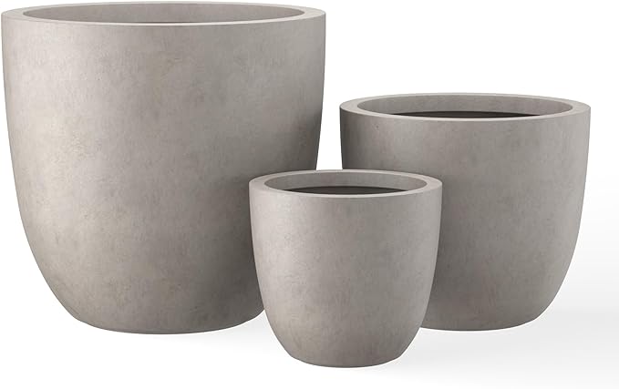 Kante 18",14",10" Dia Concrete Round Planters (Set of 3), Outdoor Indoor Large Planter Pots with Drainage Hole and Rubber Plug for Home Patio Garden, Buff Concrete