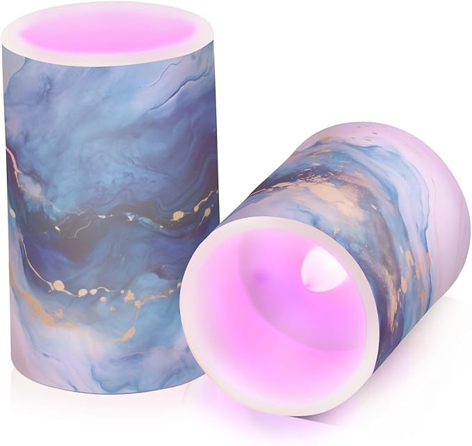 Flickering Flameless Candles, Marble Navy Blue LED Candles with Remote Timer, Set of 2 Battery Operated Candle for Valentine Wedding Birthday