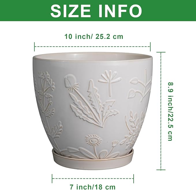 10 Inch Plant Pot Ceramic Planter Pot with Drainage Hole and Saucer Round Planter Large Flower Pot for Indoor Outdoor Plants Home Garden Decor White