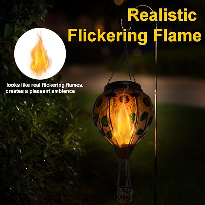 Hot Air Balloon Solar Lantern with Flickering Flame, Glass Hanging Garden Lights Outdoor Waterproof for Tree Yard Patio Mother's Day Gift, 18" H Sunflower