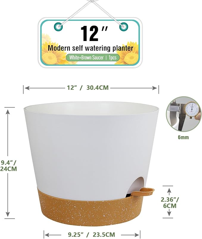 12 inch Large Self Watering Pots for Indoor Outdoor Plants, Flower Plant Pots with Drainage Holes for Garden House Plants, Plastic Planters with Reservoir for Home Plants, White with Brown